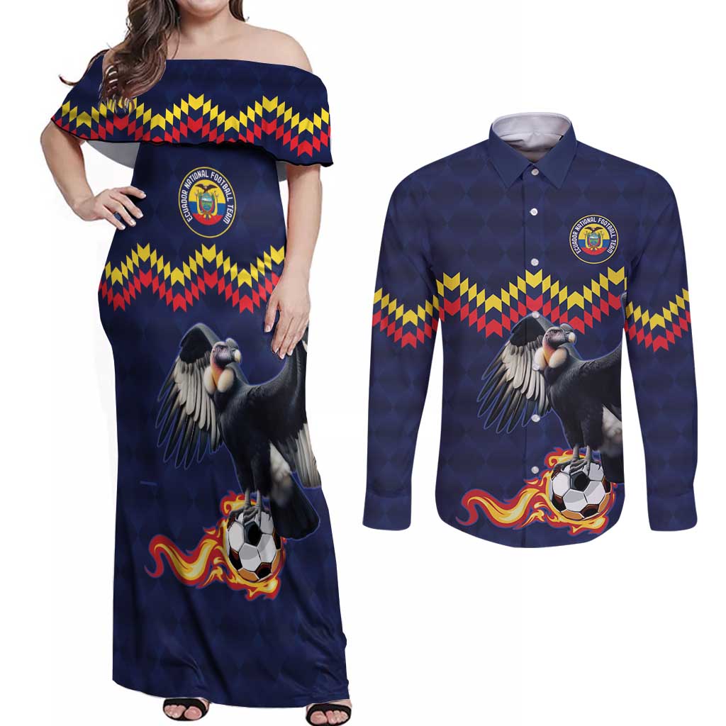 Ecuado Andean Condor Football Custom Couples Matching Off Shoulder Maxi Dress and Long Sleeve Button Shirt Tricolors Motif