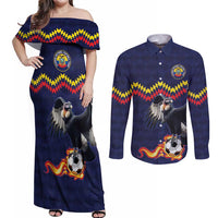 Ecuado Andean Condor Football Custom Couples Matching Off Shoulder Maxi Dress and Long Sleeve Button Shirt Tricolors Motif