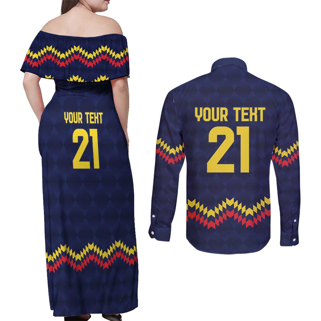Ecuado Andean Condor Football Custom Couples Matching Off Shoulder Maxi Dress and Long Sleeve Button Shirt Tricolors Motif