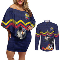 Ecuado Andean Condor Football Custom Couples Matching Off Shoulder Short Dress and Long Sleeve Button Shirt Tricolors Motif