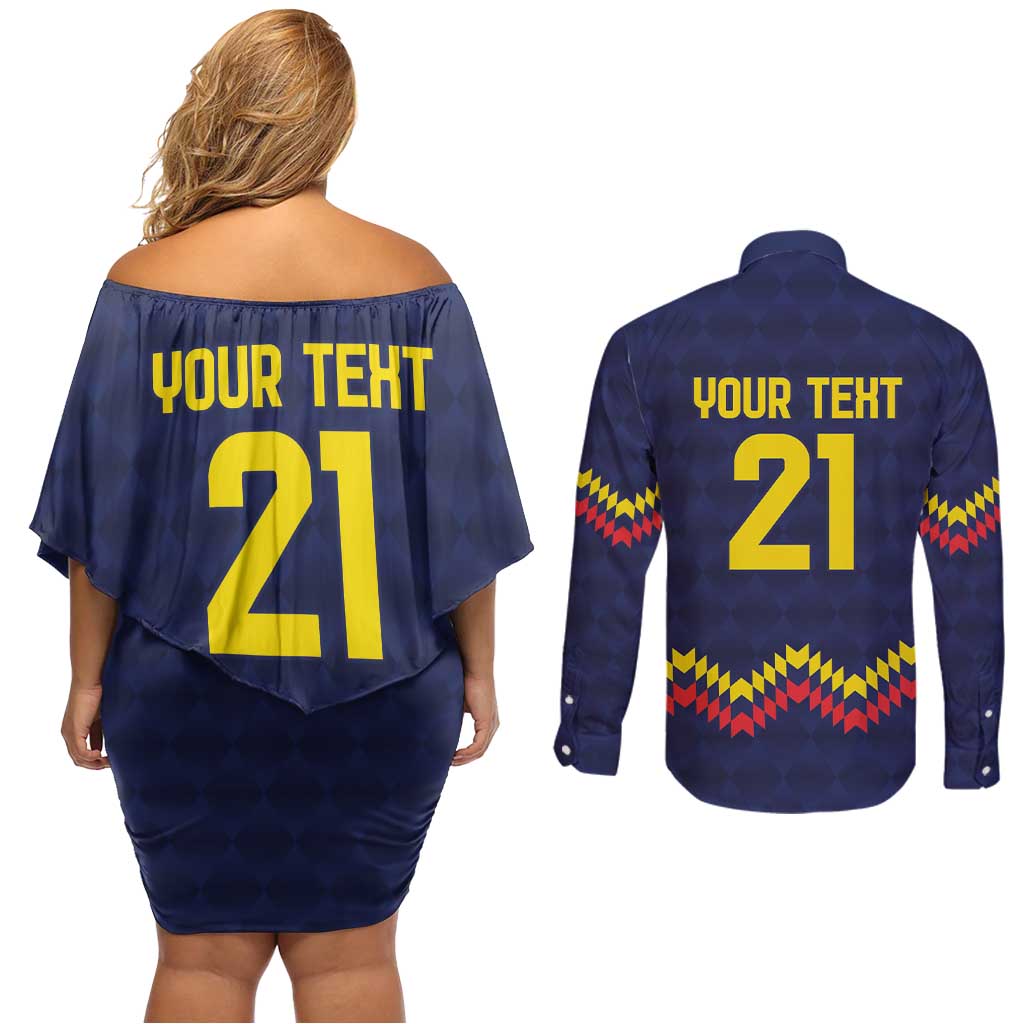 Ecuado Andean Condor Football Custom Couples Matching Off Shoulder Short Dress and Long Sleeve Button Shirt Tricolors Motif