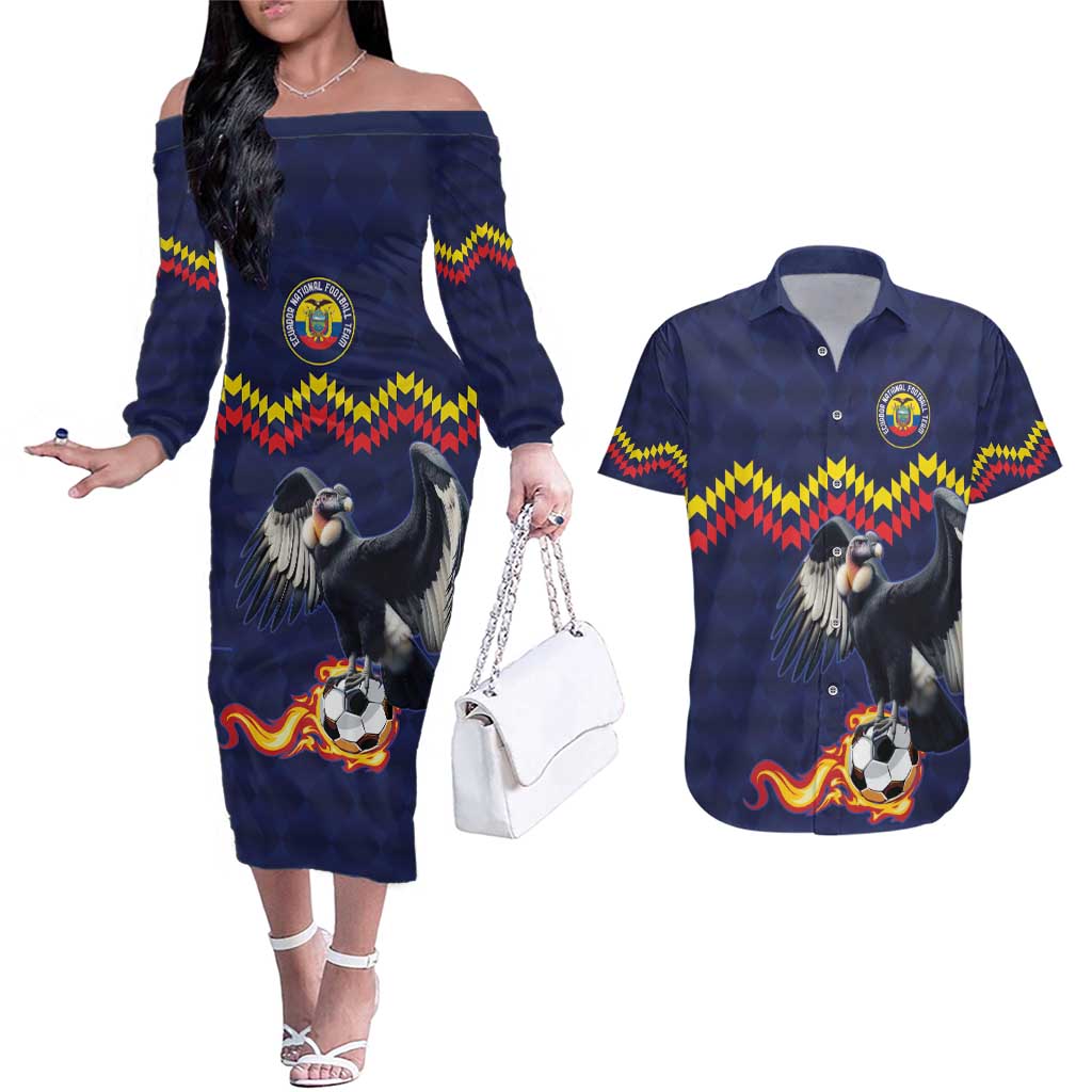 Ecuado Andean Condor Football Custom Couples Matching Off The Shoulder Long Sleeve Dress and Hawaiian Shirt Tricolors Motif