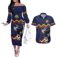 Ecuado Andean Condor Football Custom Couples Matching Off The Shoulder Long Sleeve Dress and Hawaiian Shirt Tricolors Motif