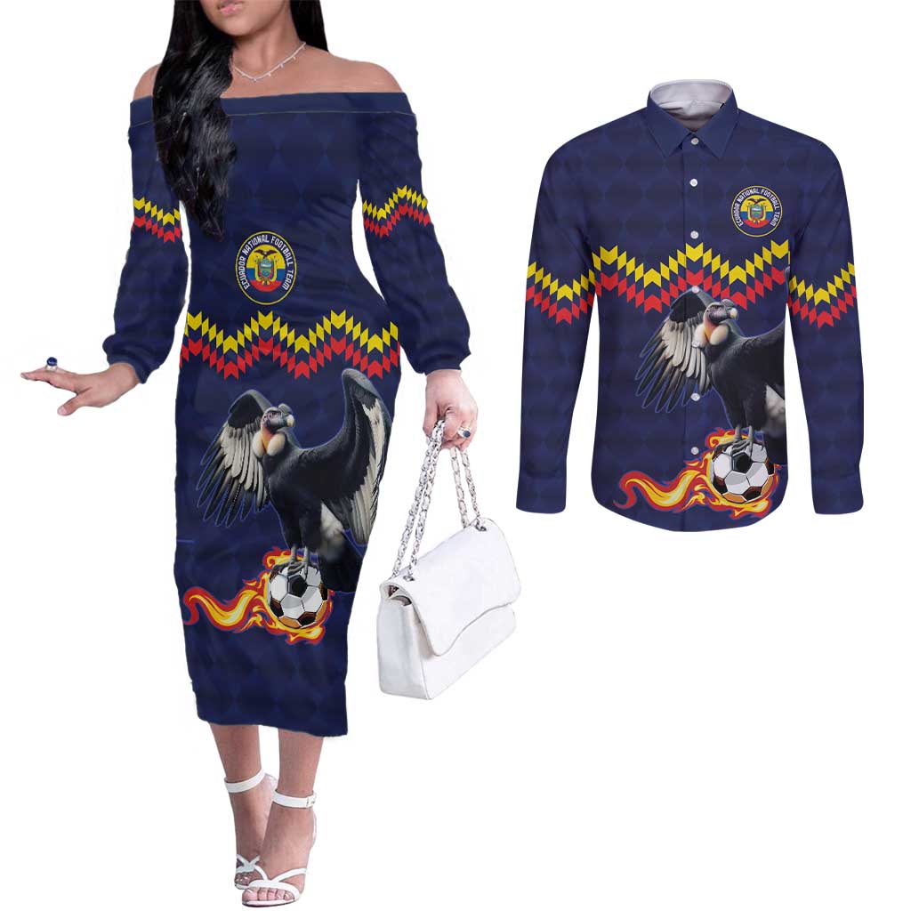Ecuado Andean Condor Football Custom Couples Matching Off The Shoulder Long Sleeve Dress and Long Sleeve Button Shirt Tricolors Motif