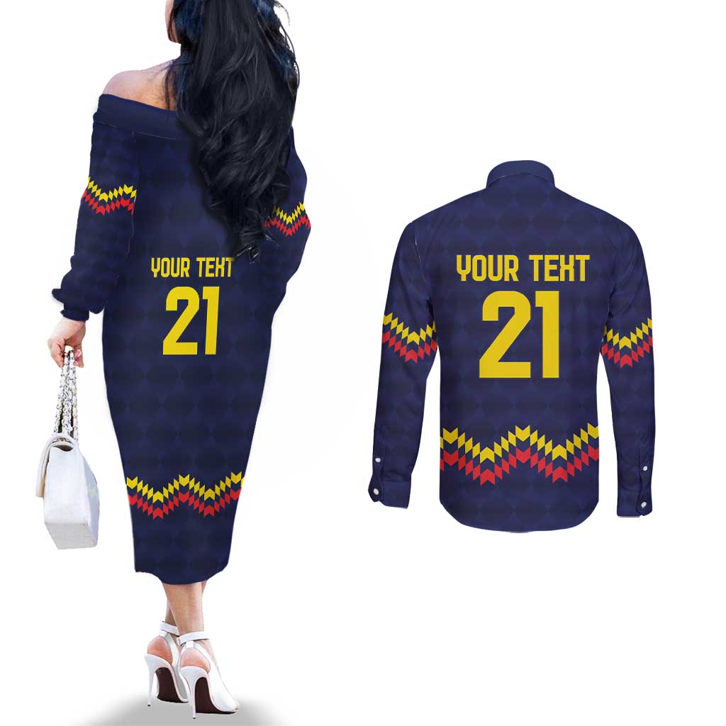 Ecuado Andean Condor Football Custom Couples Matching Off The Shoulder Long Sleeve Dress and Long Sleeve Button Shirt Tricolors Motif