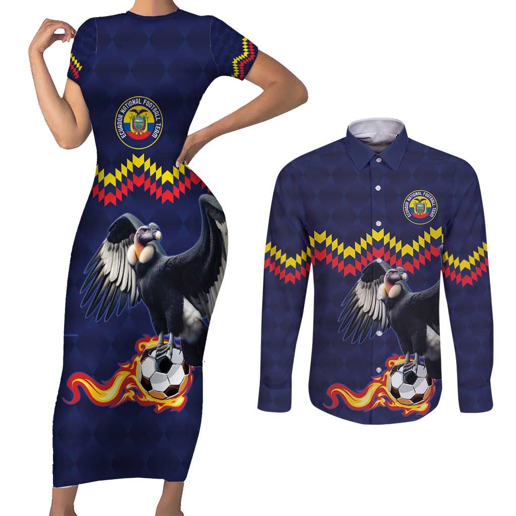 Ecuado Andean Condor Football Custom Couples Matching Short Sleeve Bodycon Dress and Long Sleeve Button Shirt Tricolors Motif