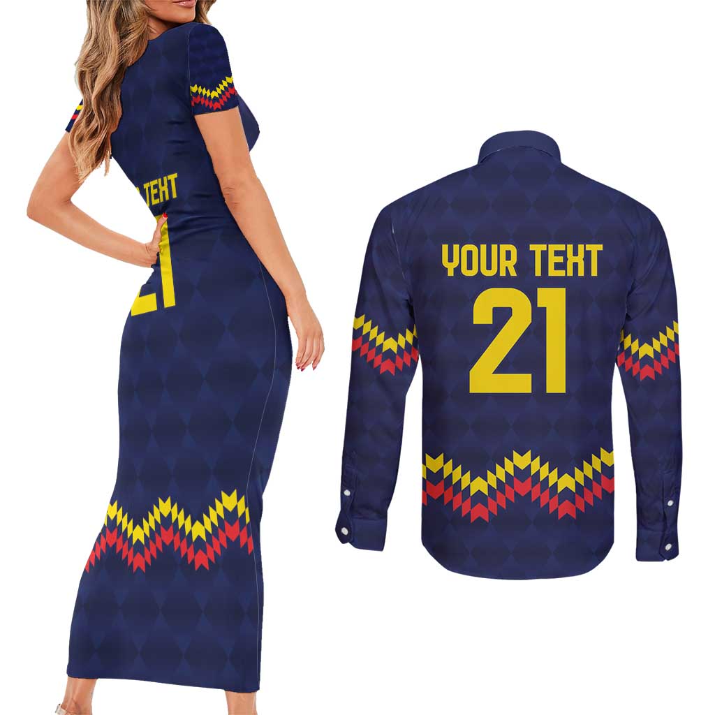 Ecuado Andean Condor Football Custom Couples Matching Short Sleeve Bodycon Dress and Long Sleeve Button Shirt Tricolors Motif