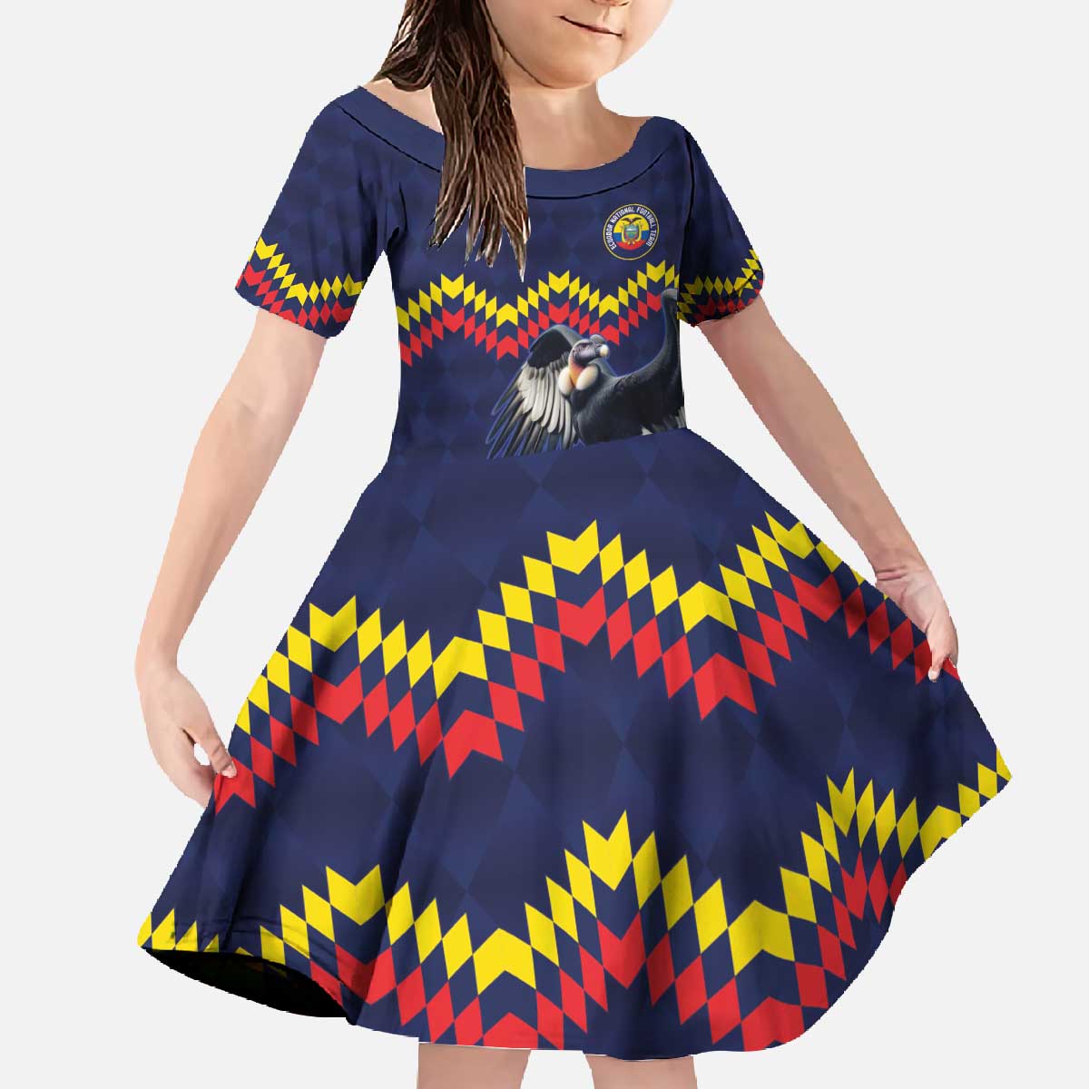 Ecuado Andean Condor Football Custom Family Matching Off The Shoulder Long Sleeve Dress and Hawaiian Shirt Tricolors Motif
