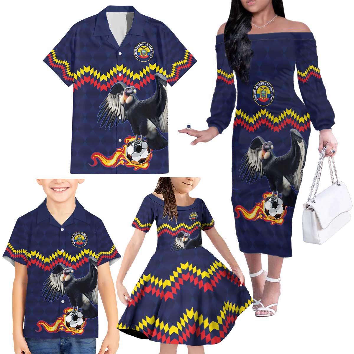 Ecuado Andean Condor Football Custom Family Matching Off The Shoulder Long Sleeve Dress and Hawaiian Shirt Tricolors Motif