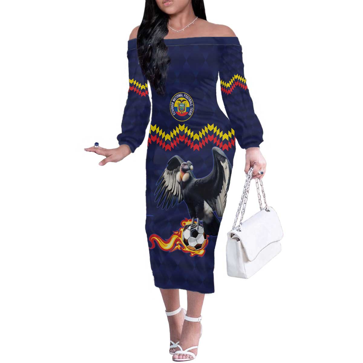 Ecuado Andean Condor Football Custom Family Matching Off The Shoulder Long Sleeve Dress and Hawaiian Shirt Tricolors Motif