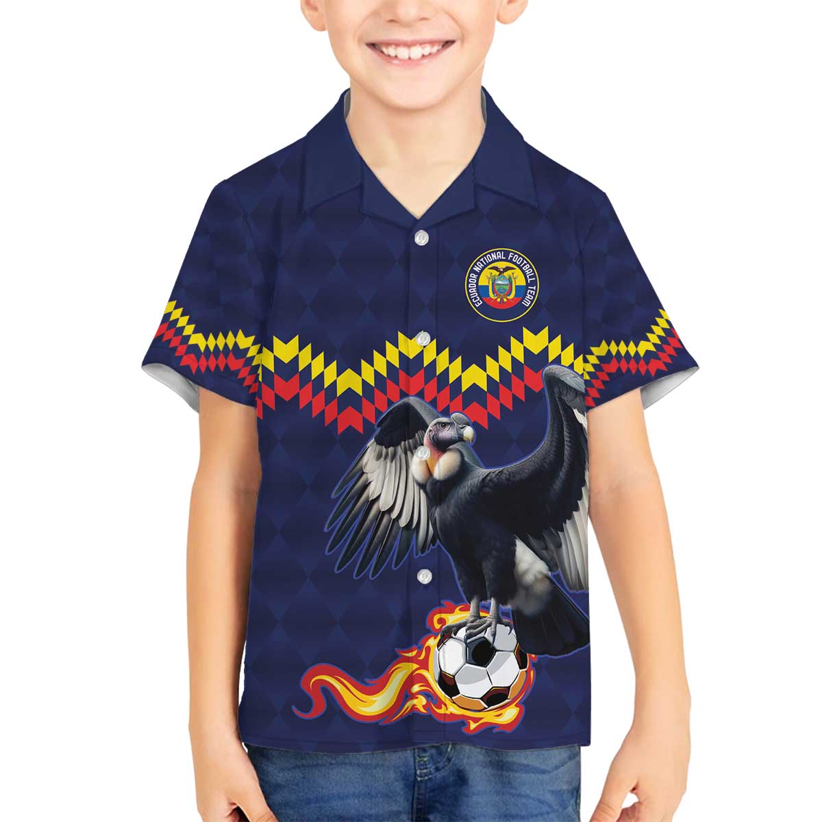 Ecuado Andean Condor Football Custom Family Matching Off The Shoulder Long Sleeve Dress and Hawaiian Shirt Tricolors Motif