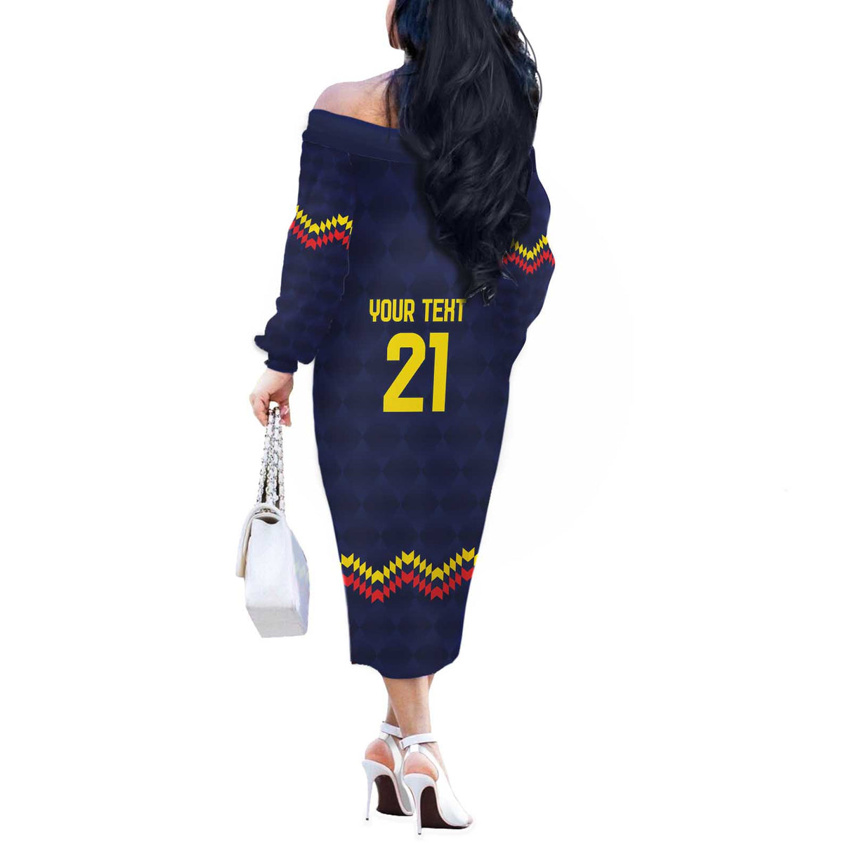 Ecuado Andean Condor Football Custom Off The Shoulder Long Sleeve Dress Tricolors Motif