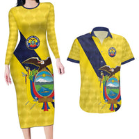Ecuador La Tricolor Custom Couples Matching Long Sleeve Bodycon Dress and Hawaiian Shirt Gold and Navy Blue Motif