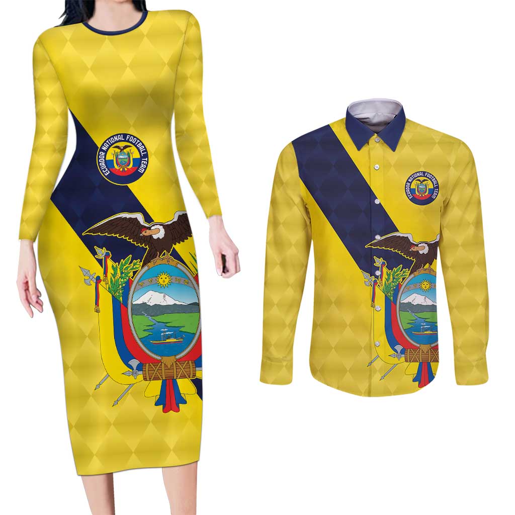 Ecuador La Tricolor Custom Couples Matching Long Sleeve Bodycon Dress and Long Sleeve Button Shirt Gold and Navy Blue Motif
