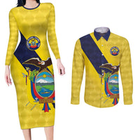 Ecuador La Tricolor Custom Couples Matching Long Sleeve Bodycon Dress and Long Sleeve Button Shirt Gold and Navy Blue Motif
