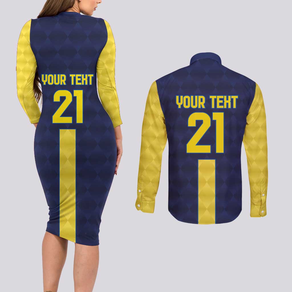 Ecuador La Tricolor Custom Couples Matching Long Sleeve Bodycon Dress and Long Sleeve Button Shirt Gold and Navy Blue Motif