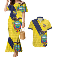 Ecuador La Tricolor Custom Couples Matching Mermaid Dress and Hawaiian Shirt Gold and Navy Blue Motif