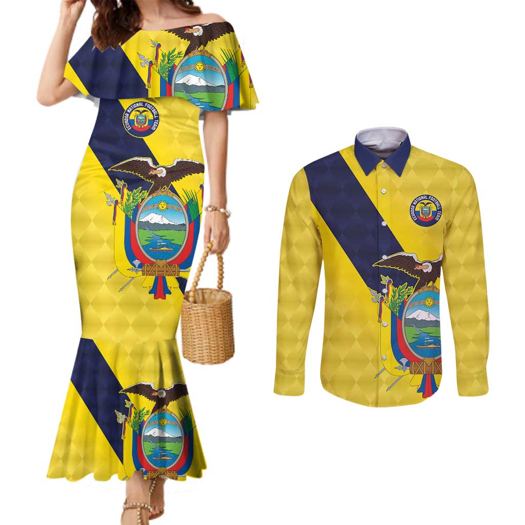 Ecuador La Tricolor Custom Couples Matching Mermaid Dress and Long Sleeve Button Shirt Gold and Navy Blue Motif