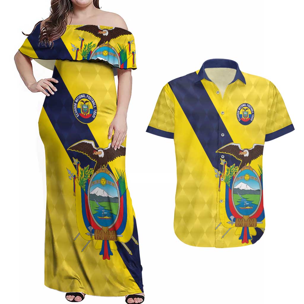 Ecuador La Tricolor Custom Couples Matching Off Shoulder Maxi Dress and Hawaiian Shirt Gold and Navy Blue Motif