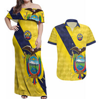 Ecuador La Tricolor Custom Couples Matching Off Shoulder Maxi Dress and Hawaiian Shirt Gold and Navy Blue Motif