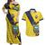 Ecuador La Tricolor Custom Couples Matching Off Shoulder Maxi Dress and Hawaiian Shirt Gold and Navy Blue Motif