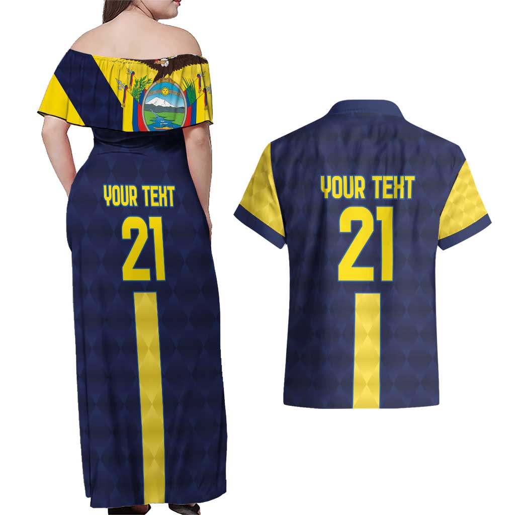 Ecuador La Tricolor Custom Couples Matching Off Shoulder Maxi Dress and Hawaiian Shirt Gold and Navy Blue Motif