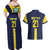 Ecuador La Tricolor Custom Couples Matching Off Shoulder Maxi Dress and Hawaiian Shirt Gold and Navy Blue Motif