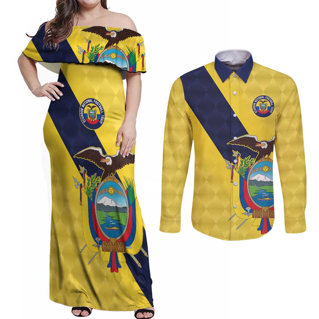 Ecuador La Tricolor Custom Couples Matching Off Shoulder Maxi Dress and Long Sleeve Button Shirt Gold and Navy Blue Motif