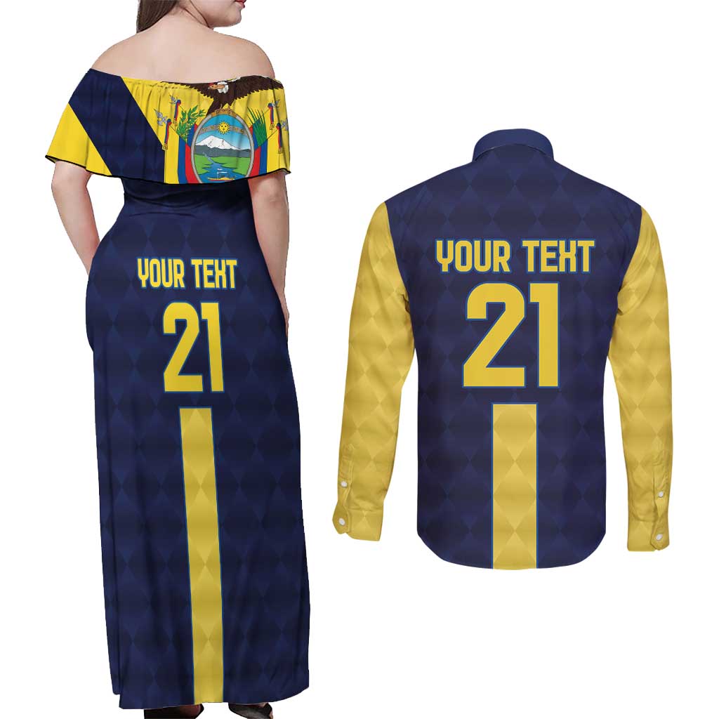 Ecuador La Tricolor Custom Couples Matching Off Shoulder Maxi Dress and Long Sleeve Button Shirt Gold and Navy Blue Motif