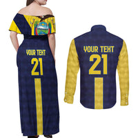 Ecuador La Tricolor Custom Couples Matching Off Shoulder Maxi Dress and Long Sleeve Button Shirt Gold and Navy Blue Motif