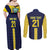 Ecuador La Tricolor Custom Couples Matching Off Shoulder Maxi Dress and Long Sleeve Button Shirt Gold and Navy Blue Motif