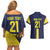 Ecuador La Tricolor Custom Couples Matching Off Shoulder Short Dress and Hawaiian Shirt Gold and Navy Blue Motif