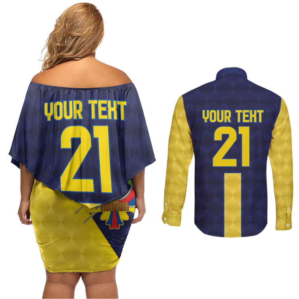 Ecuador La Tricolor Custom Couples Matching Off Shoulder Short Dress and Long Sleeve Button Shirt Gold and Navy Blue Motif