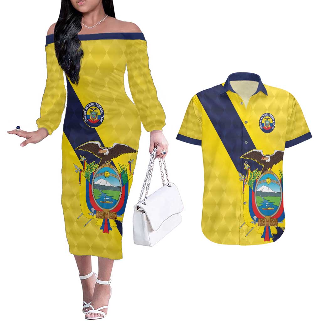 Ecuador La Tricolor Custom Couples Matching Off The Shoulder Long Sleeve Dress and Hawaiian Shirt Gold and Navy Blue Motif