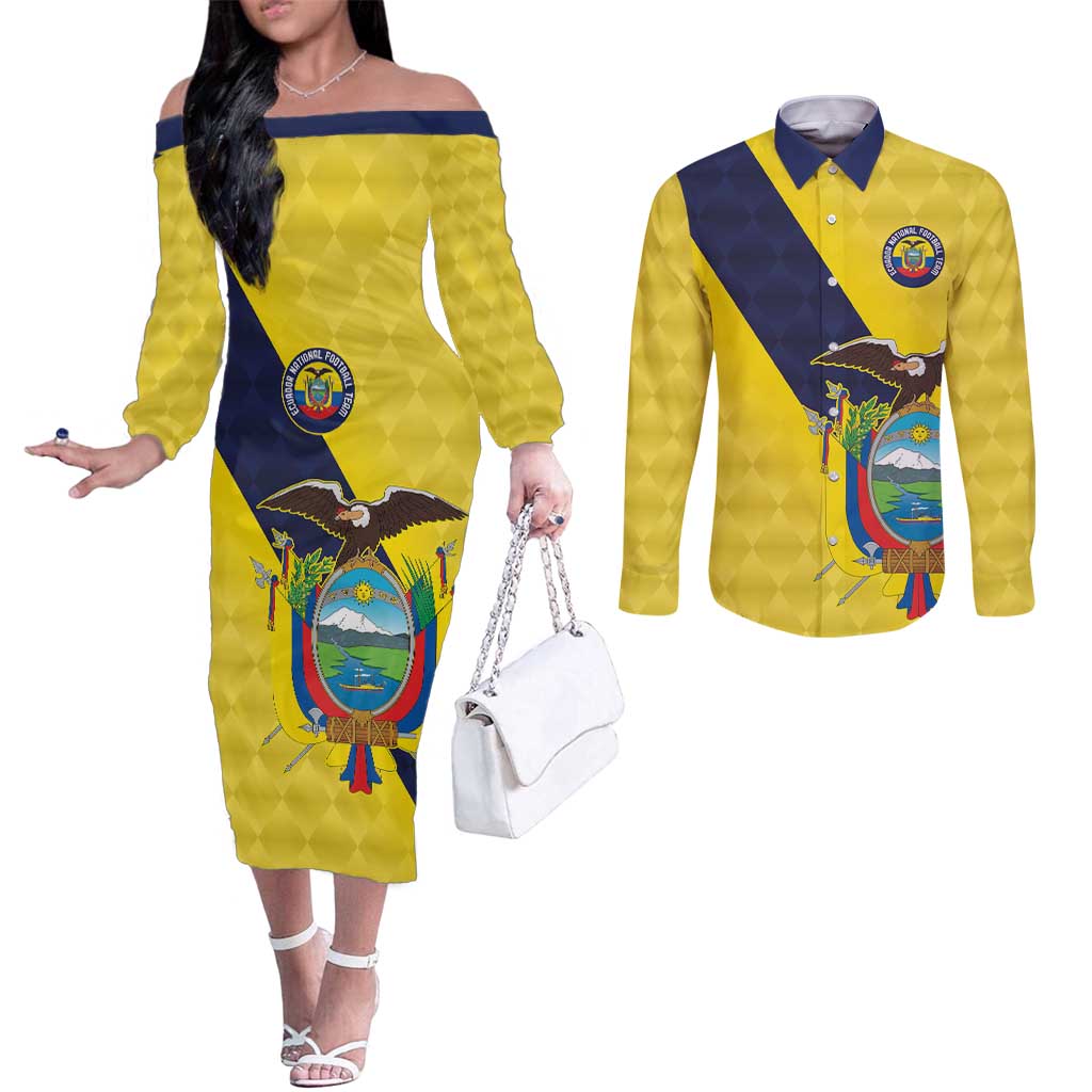 Ecuador La Tricolor Custom Couples Matching Off The Shoulder Long Sleeve Dress and Long Sleeve Button Shirt Gold and Navy Blue Motif