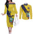 Ecuador La Tricolor Custom Couples Matching Off The Shoulder Long Sleeve Dress and Long Sleeve Button Shirt Gold and Navy Blue Motif
