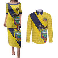 Ecuador La Tricolor Custom Couples Matching Puletasi and Long Sleeve Button Shirt Gold and Navy Blue Motif
