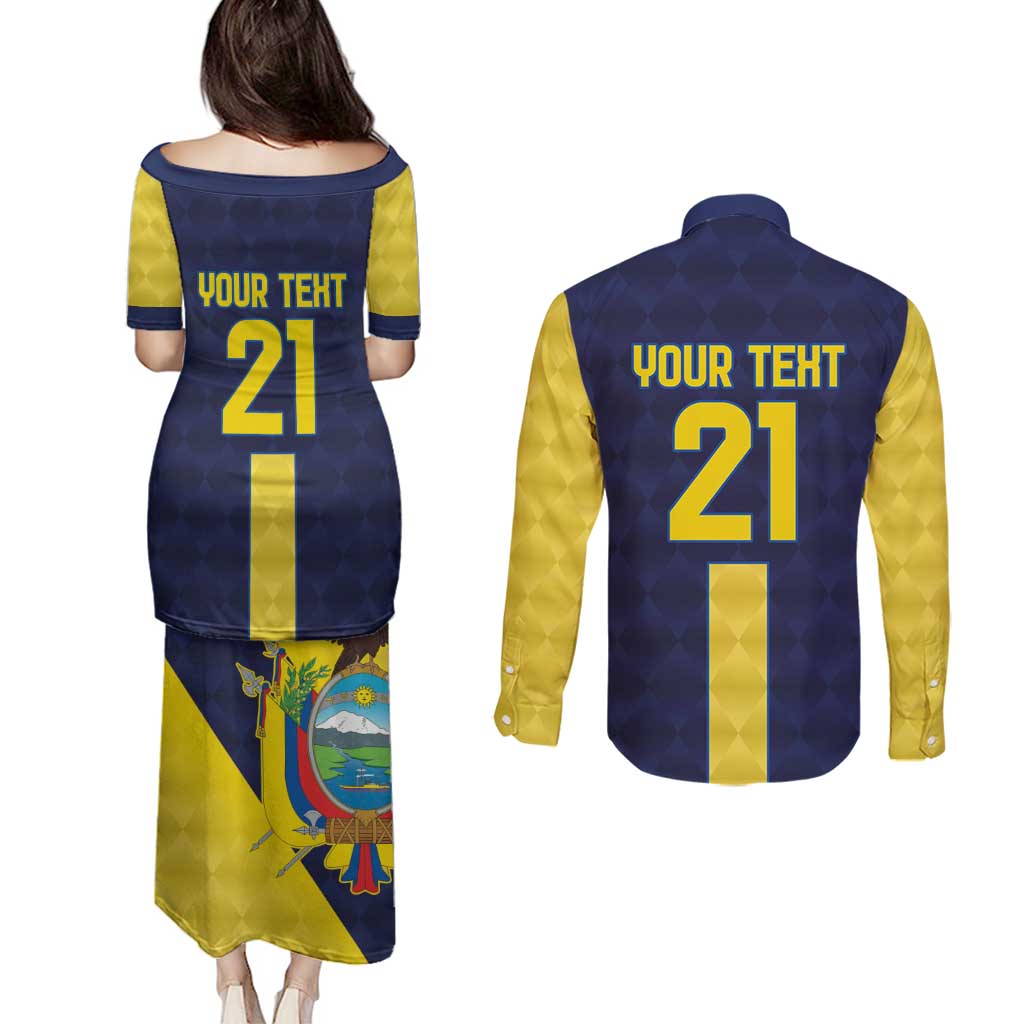 Ecuador La Tricolor Custom Couples Matching Puletasi and Long Sleeve Button Shirt Gold and Navy Blue Motif