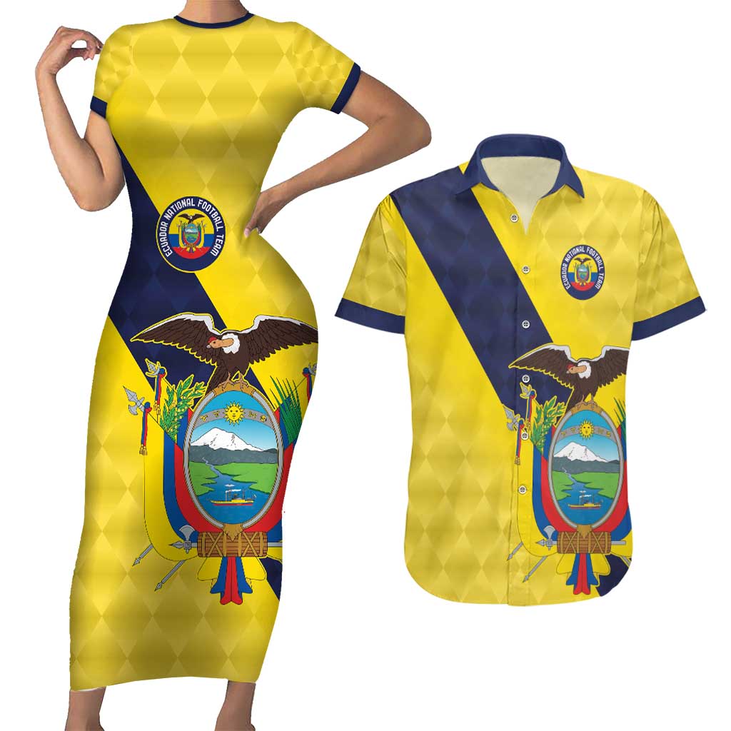 Ecuador La Tricolor Custom Couples Matching Short Sleeve Bodycon Dress and Hawaiian Shirt Gold and Navy Blue Motif