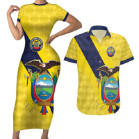 Ecuador La Tricolor Custom Couples Matching Short Sleeve Bodycon Dress and Hawaiian Shirt Gold and Navy Blue Motif