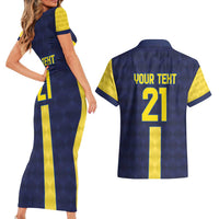 Ecuador La Tricolor Custom Couples Matching Short Sleeve Bodycon Dress and Hawaiian Shirt Gold and Navy Blue Motif