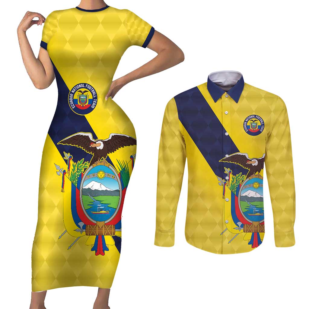 Ecuador La Tricolor Custom Couples Matching Short Sleeve Bodycon Dress and Long Sleeve Button Shirt Gold and Navy Blue Motif