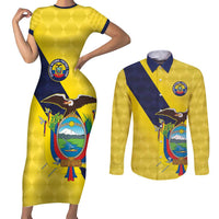 Ecuador La Tricolor Custom Couples Matching Short Sleeve Bodycon Dress and Long Sleeve Button Shirt Gold and Navy Blue Motif