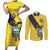 Ecuador La Tricolor Custom Couples Matching Short Sleeve Bodycon Dress and Long Sleeve Button Shirt Gold and Navy Blue Motif