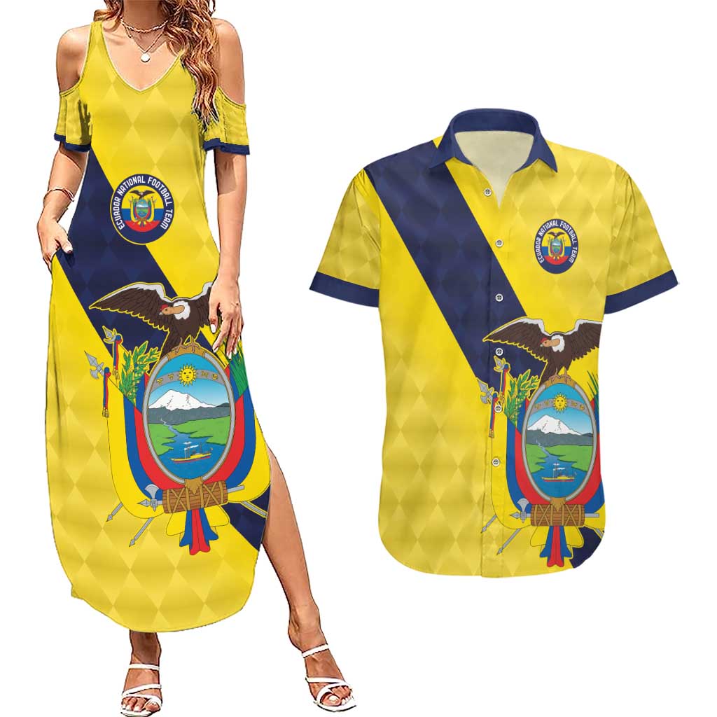 Ecuador La Tricolor Custom Couples Matching Summer Maxi Dress and Hawaiian Shirt Gold and Navy Blue Motif
