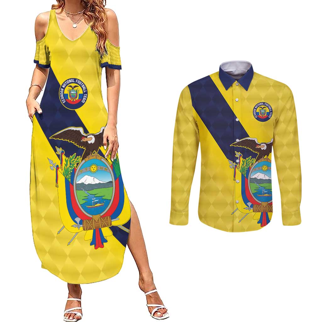 Ecuador La Tricolor Custom Couples Matching Summer Maxi Dress and Long Sleeve Button Shirt Gold and Navy Blue Motif