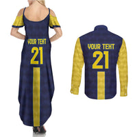 Ecuador La Tricolor Custom Couples Matching Summer Maxi Dress and Long Sleeve Button Shirt Gold and Navy Blue Motif