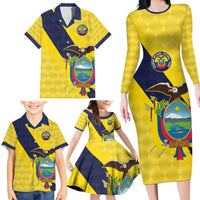 Ecuador La Tricolor Custom Family Matching Long Sleeve Bodycon Dress and Hawaiian Shirt Gold and Navy Blue Motif