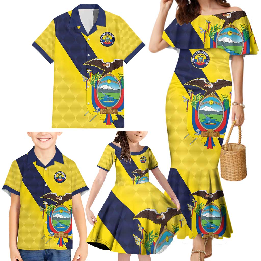 Ecuador La Tricolor Custom Family Matching Mermaid Dress and Hawaiian Shirt Gold and Navy Blue Motif