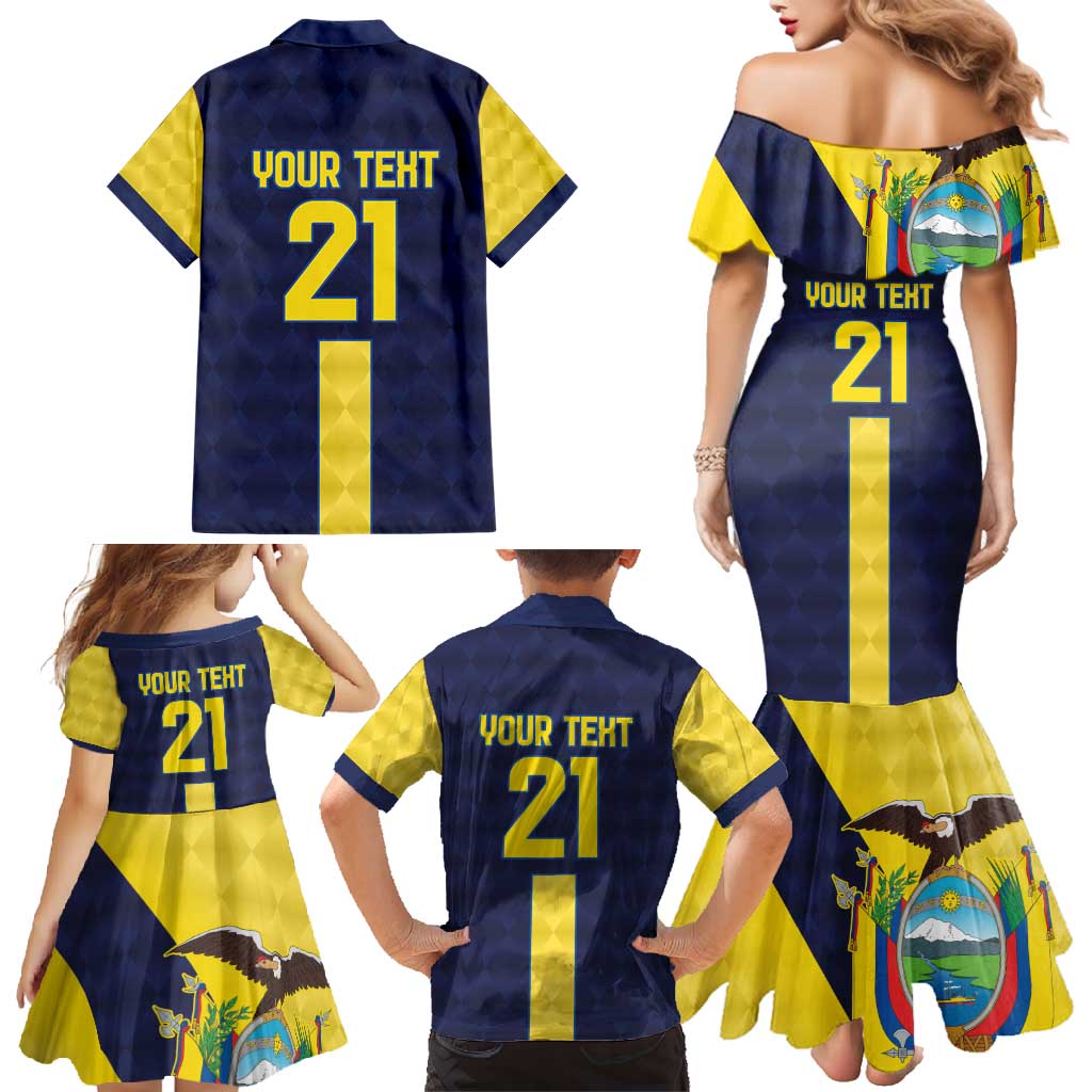 Ecuador La Tricolor Custom Family Matching Mermaid Dress and Hawaiian Shirt Gold and Navy Blue Motif
